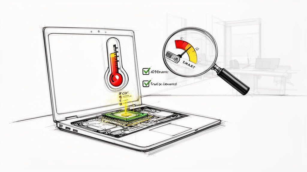 Detailed sketch of a laptop showing CPU temperature, performance diagnostics, and SMART status.