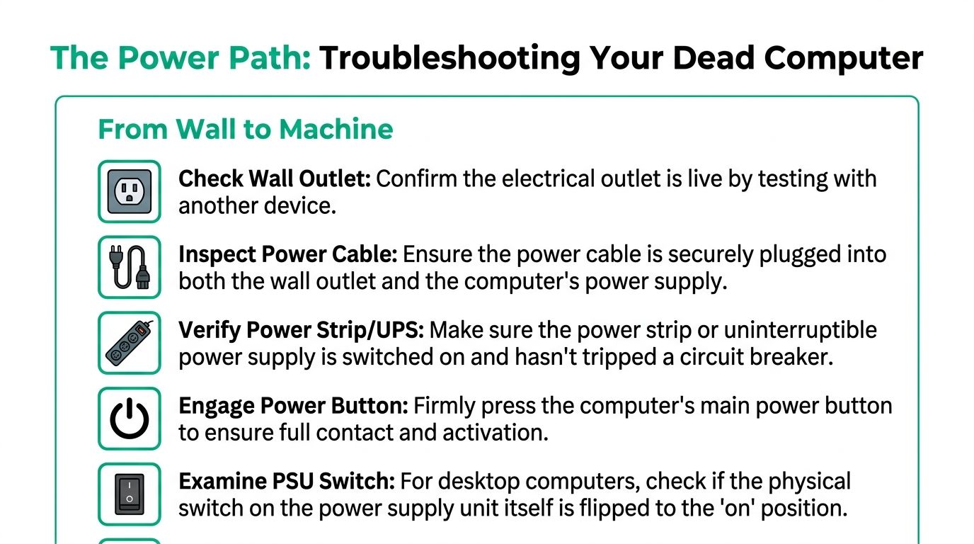 An infographic checklist guiding users on troubleshooting steps when a computer will not turn on.