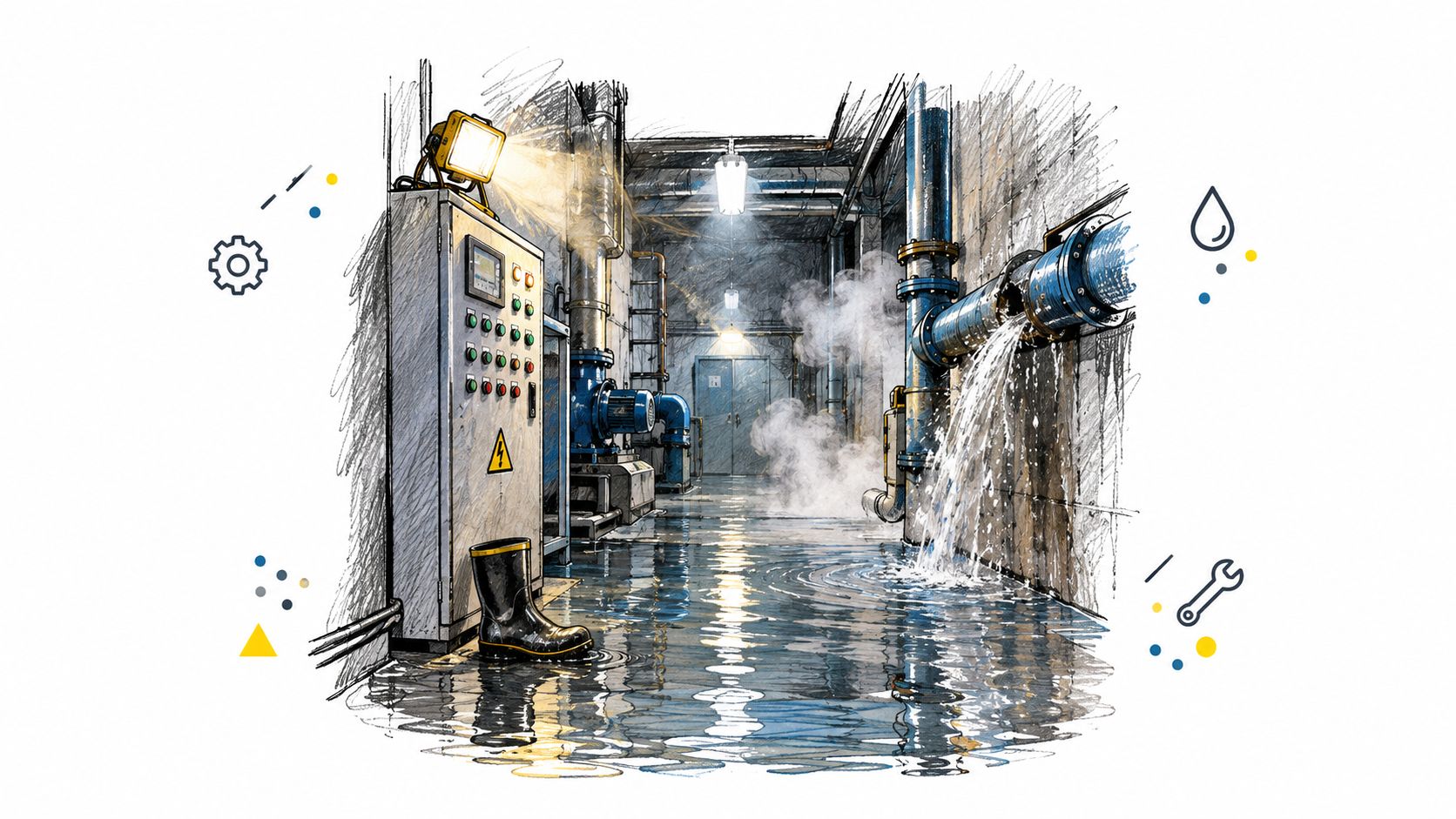 An industrial facility basement featuring a damaged pipe leaking water onto a flooded floor with electrical equipment.