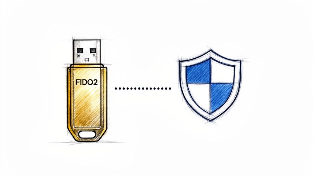 Sketch of a FIDO2 USB security key connected to a protective shield, symbolizing strong authentication.