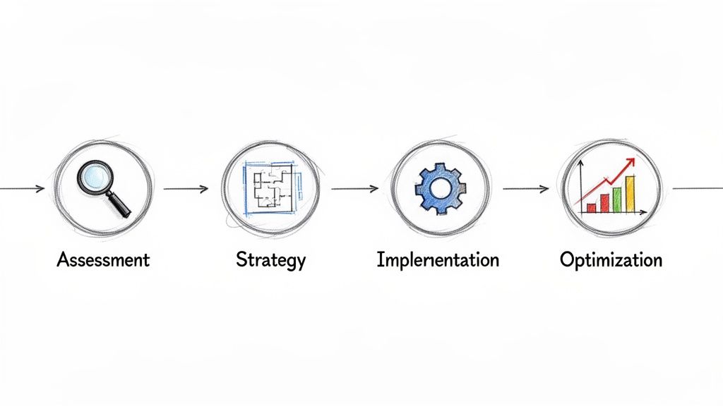 A four-step business process diagram with icons for assessment, strategy, implementation, and optimization.