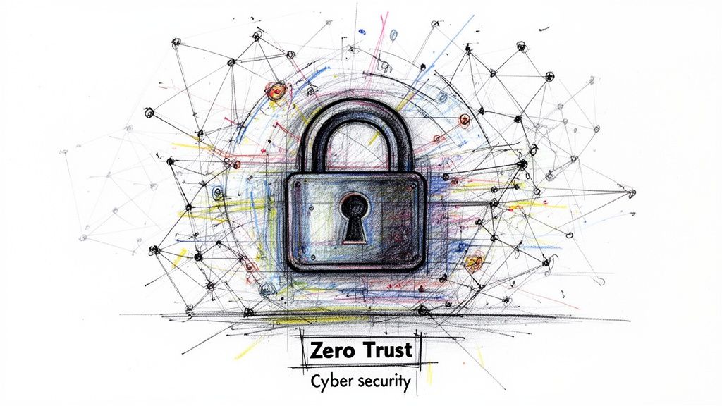 A conceptual illustration of a padlock surrounded by a complex network of lines symbolizing zero trust security.
