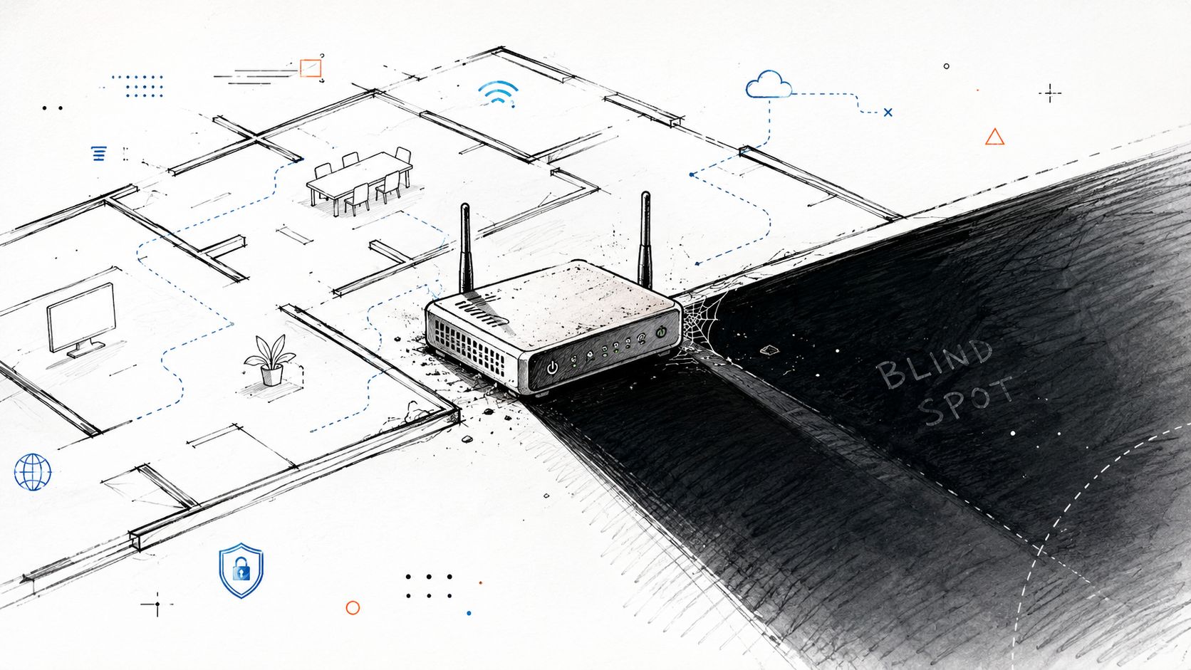 A conceptual diagram showing a Wi-Fi router creating a network coverage area with a dark blind spot.