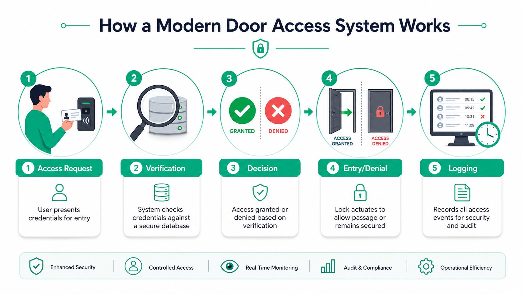An infographic showing the five steps of a modern door access system from request to event logging.