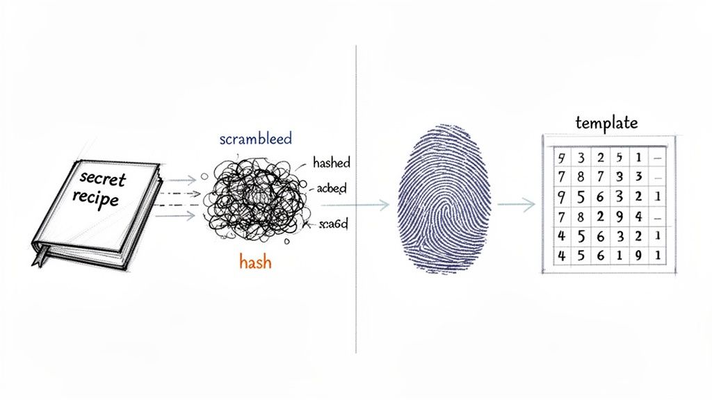 Diagram illustrating a secret recipe being scrambled into a hash, then converted to a fingerprint and a numerical template.