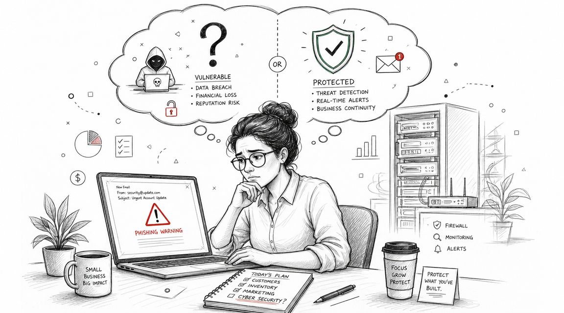 A concerned business owner evaluates the choice between cybersecurity vulnerability and protected systems while reviewing a phishing email.
