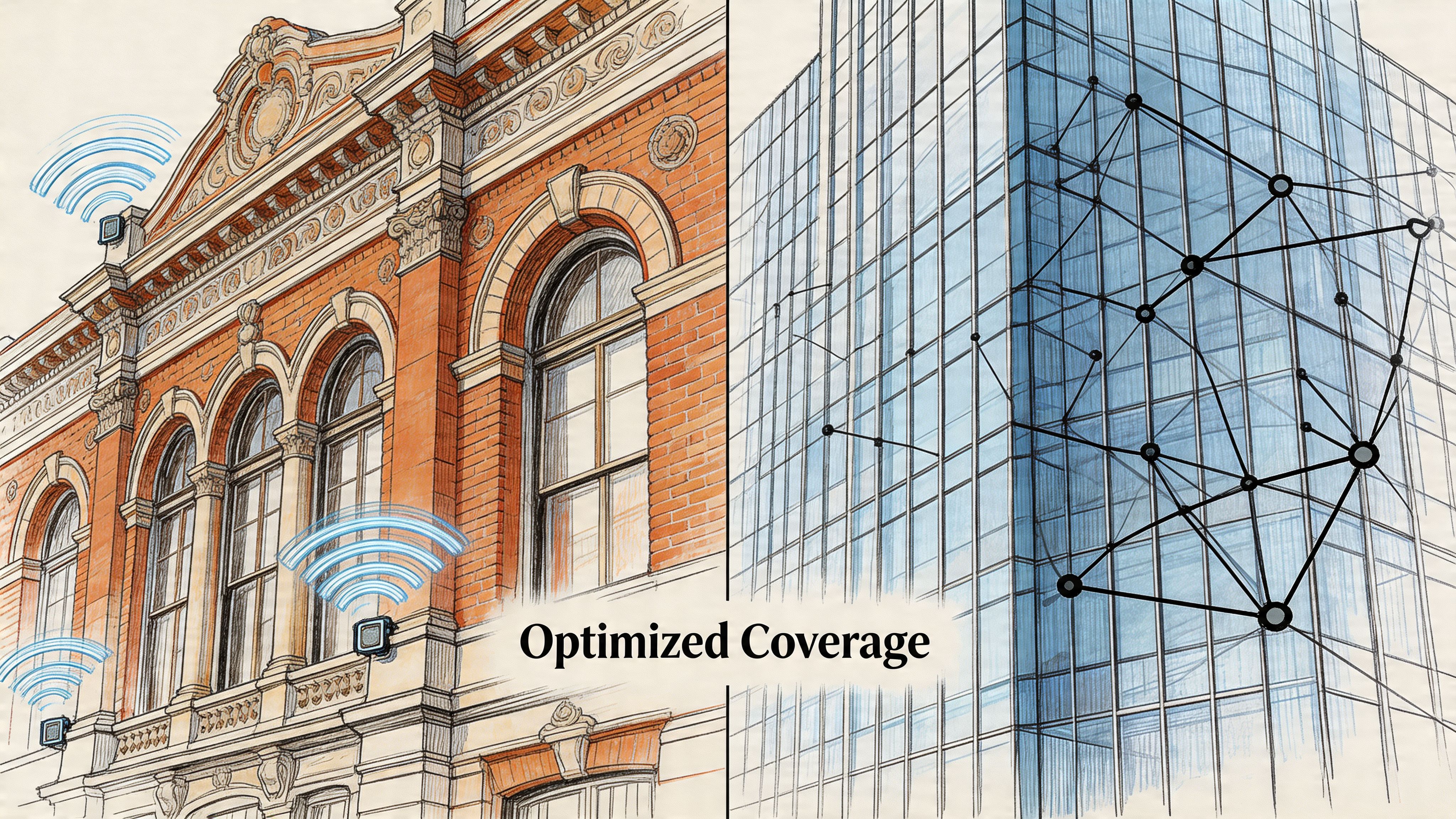 A digital illustration showing the contrast between traditional building infrastructure and modern optimized wireless network connectivity solutions.