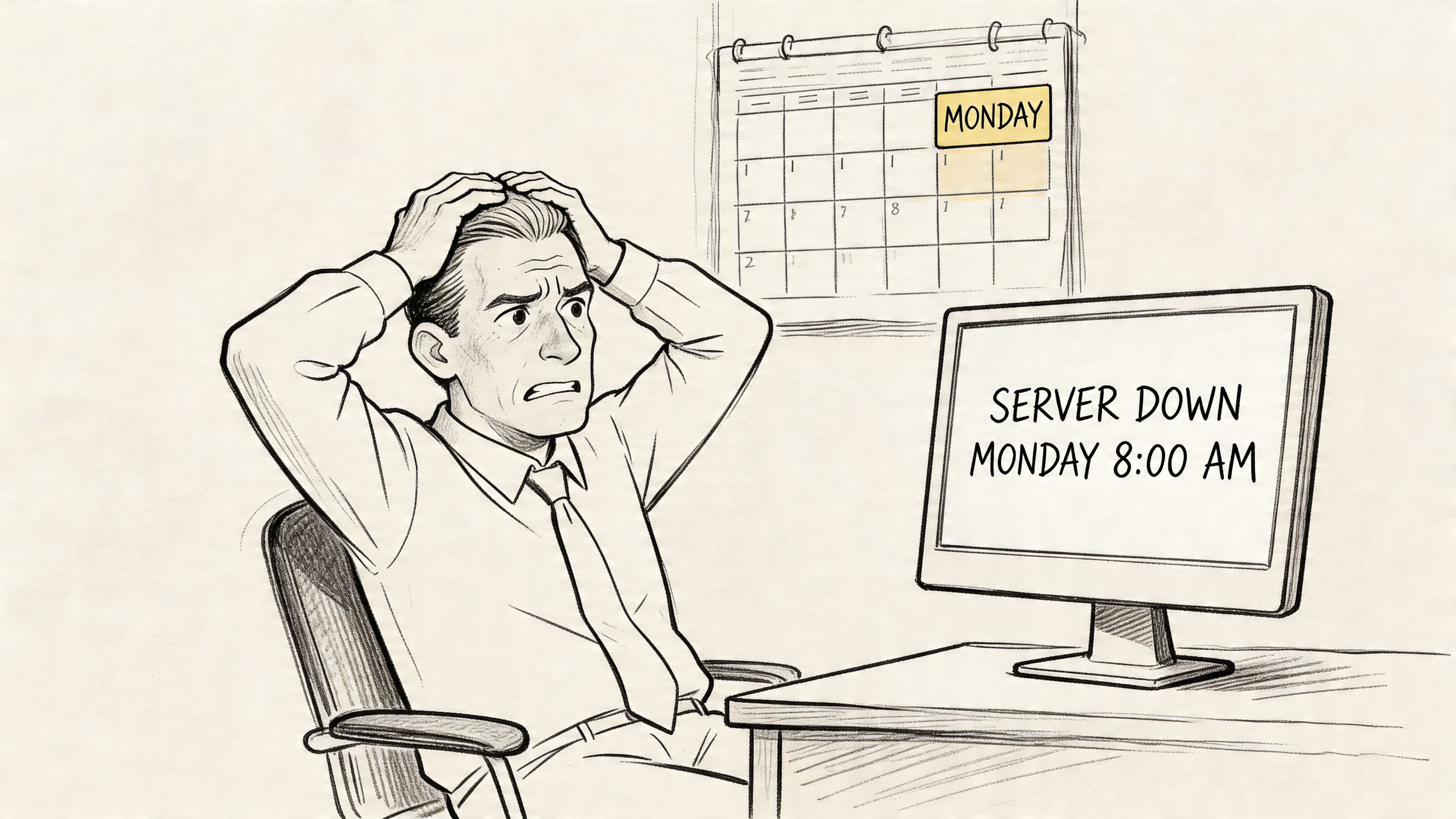 A stressed man looking at a computer screen showing a server down error on a Monday morning.