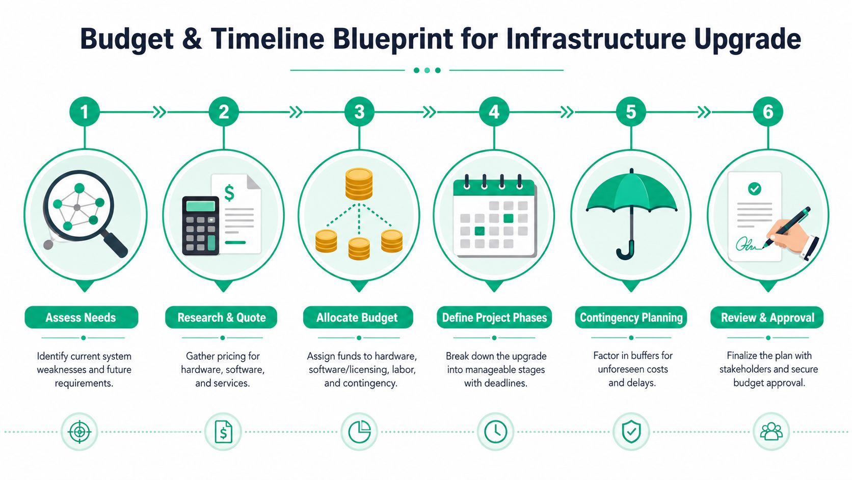 A six-step infographic outlining a strategic budget and timeline planning process for a network infrastructure upgrade project.