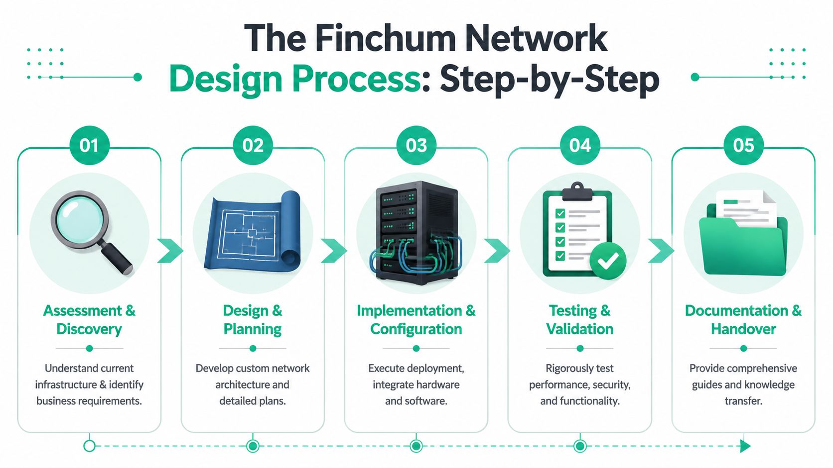 A five-step infographic showing the network design process from assessment to final documentation and handover.