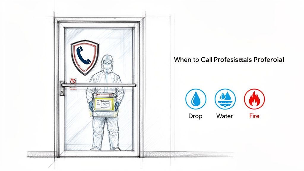 Illustration of a person in a protective suit with icons for calling professionals in case of drop, water, or fire emergencies.