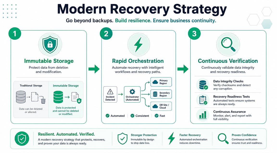 A diagram illustrating a modern three-step recovery strategy involving immutable storage, rapid orchestration, and continuous verification.