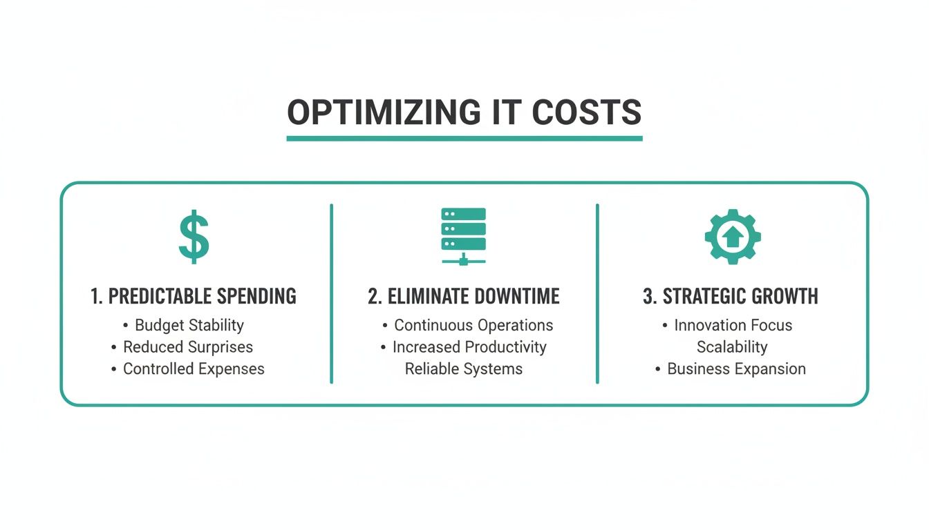 Infographic detailing three key benefits of optimizing IT costs: predictable spending, eliminated downtime, and strategic growth.
