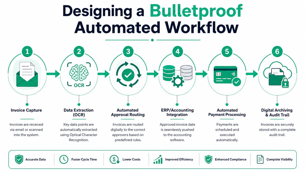 A six-step infographic showing the automated workflow process for managing and processing business invoices from start to finish.