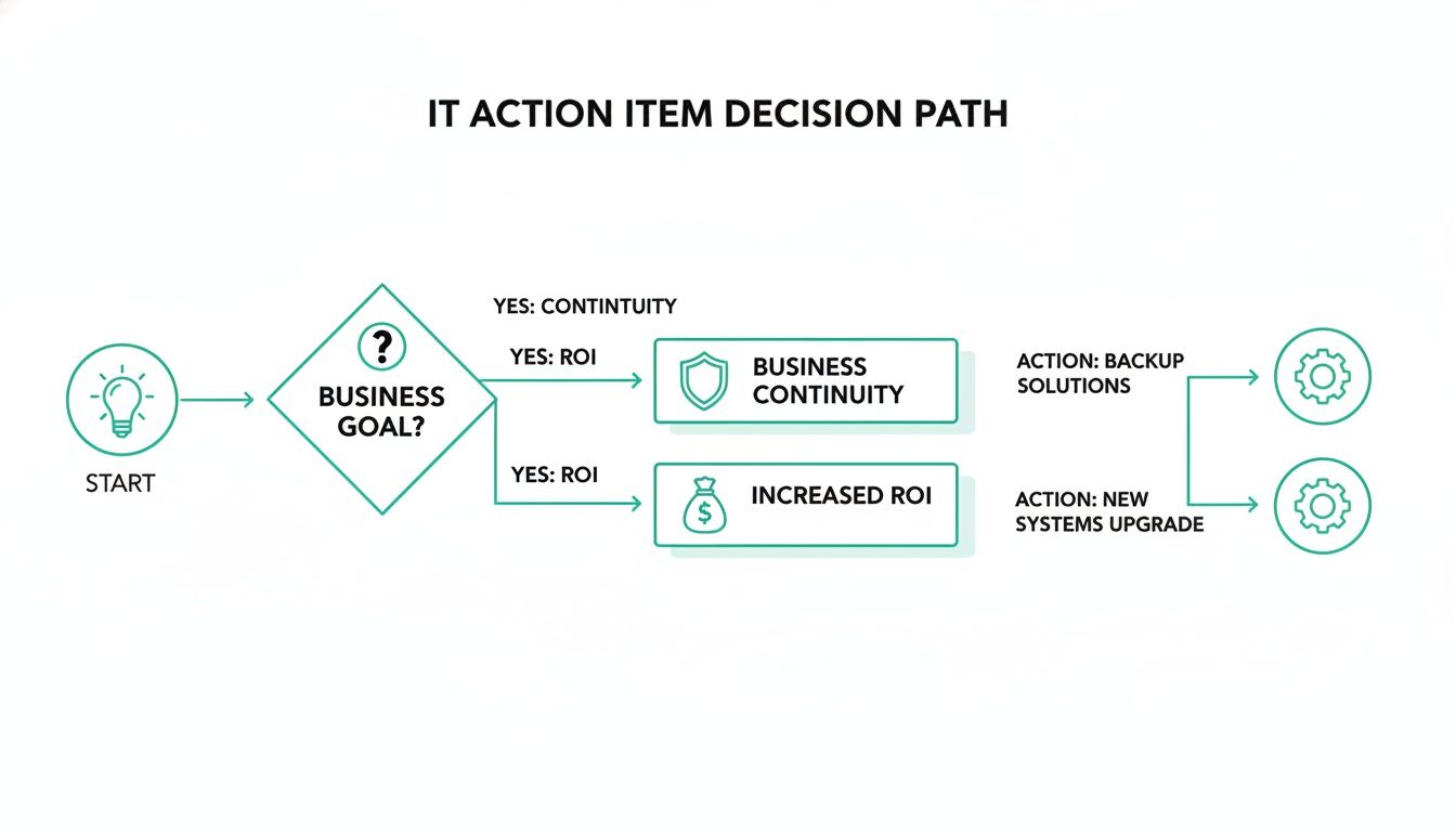 Flowchart illustrating an IT action item decision path for business goals like continuity and increased ROI.