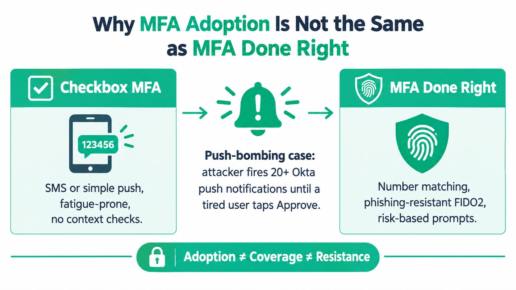A comparison chart showing why simple MFA adoption is vulnerable to push-bombing compared to secure MFA methods.