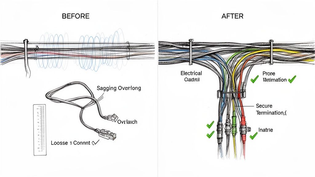 Before and after comparison of cable management, showing messy tangled wires versus neatly organized and secured cabling.