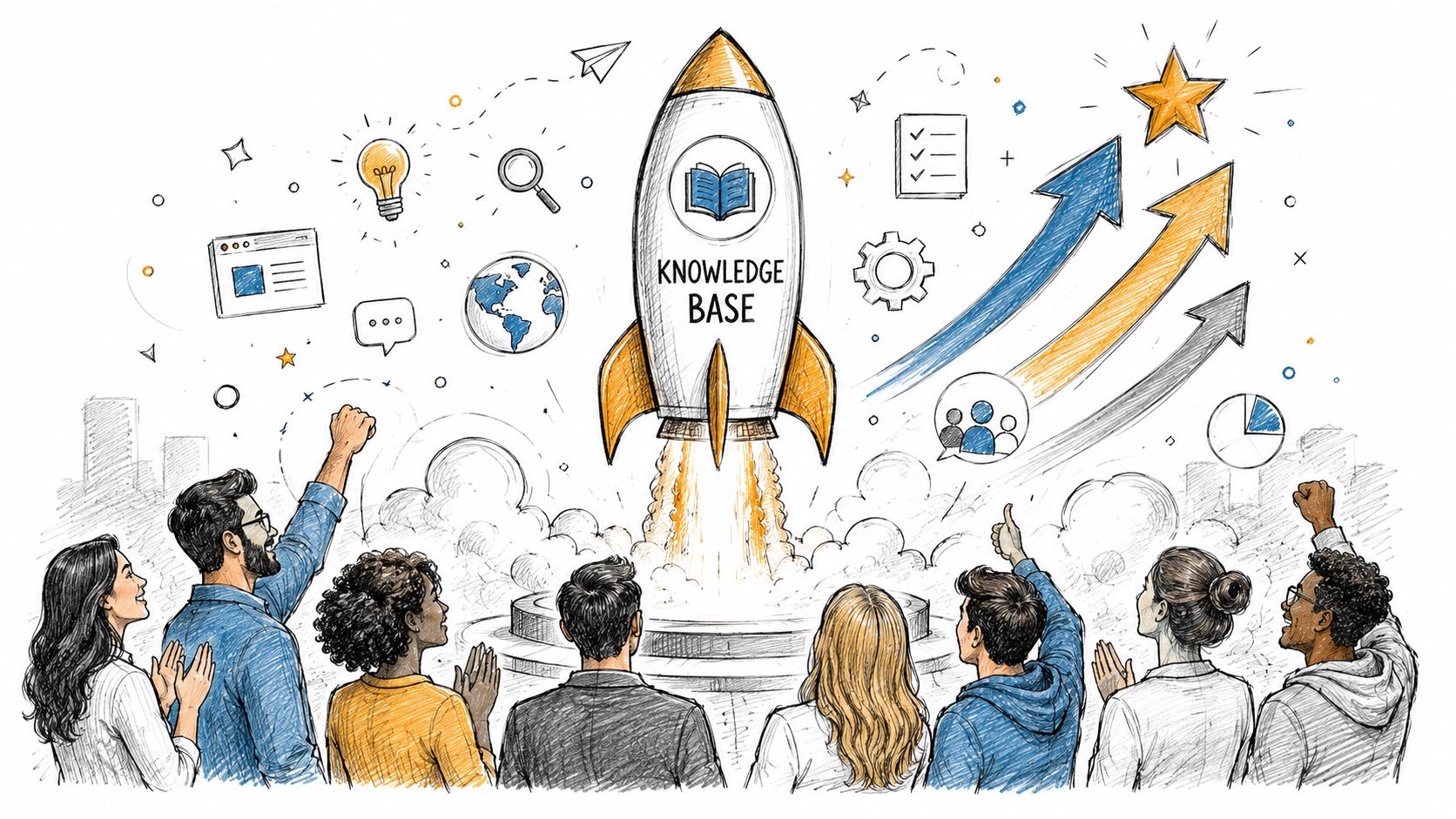 A group of diverse people cheering as a rocket labeled Knowledge Base launches into the sky.