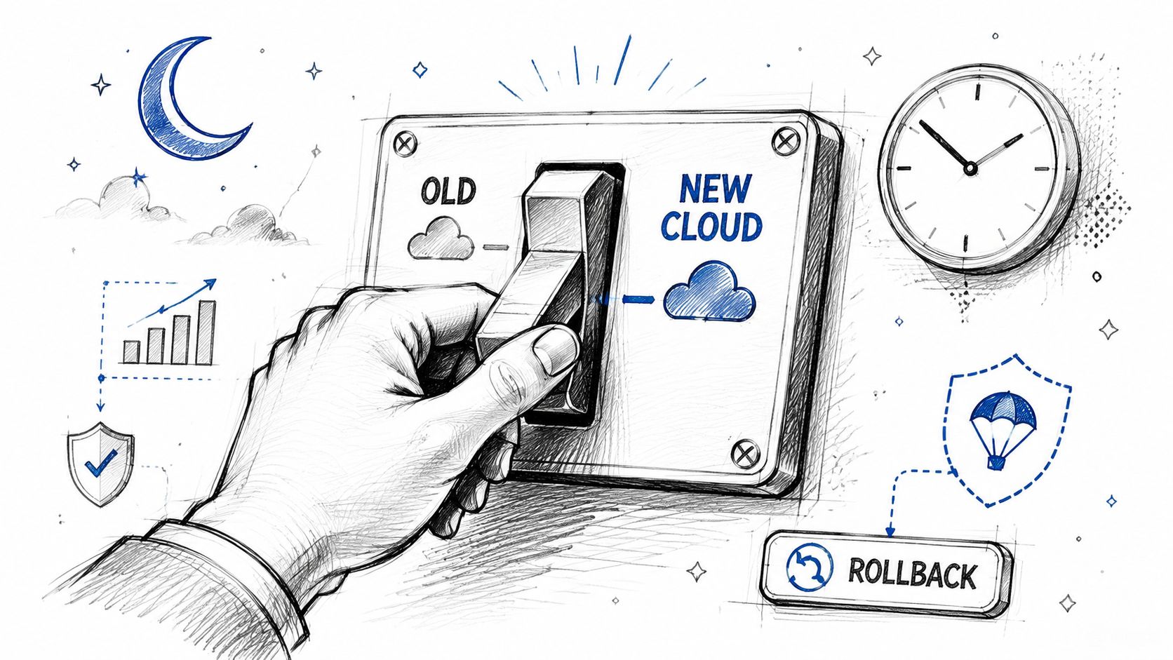 A hand flipping a switch from old cloud to new cloud with symbols of migration and rollback.