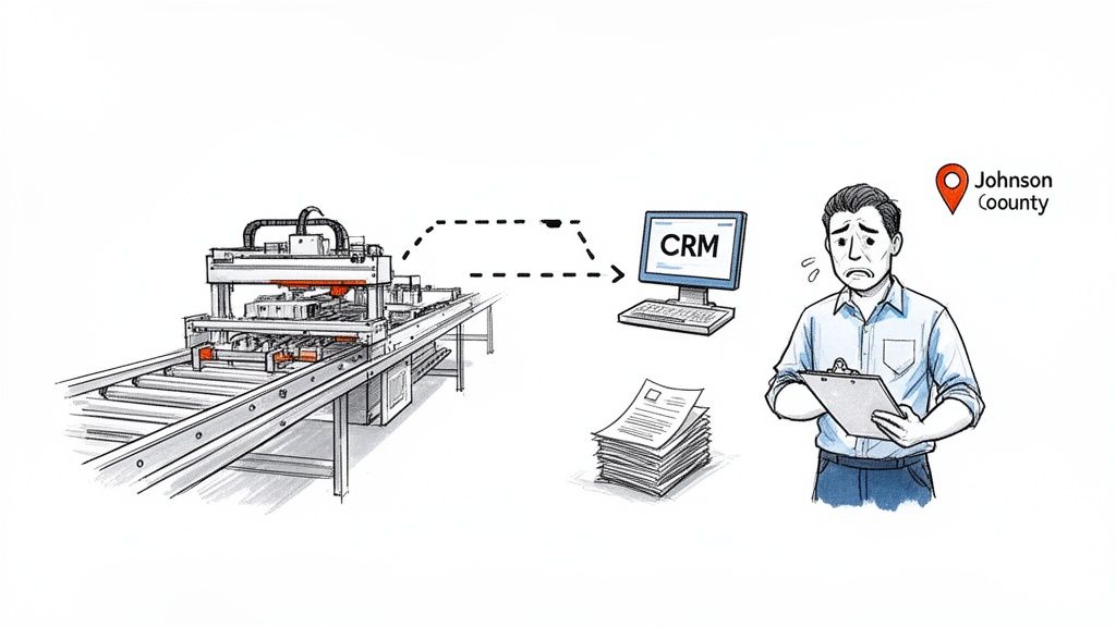 A man looks worried as a machine sends data to a CRM system, symbolizing data management challenges.