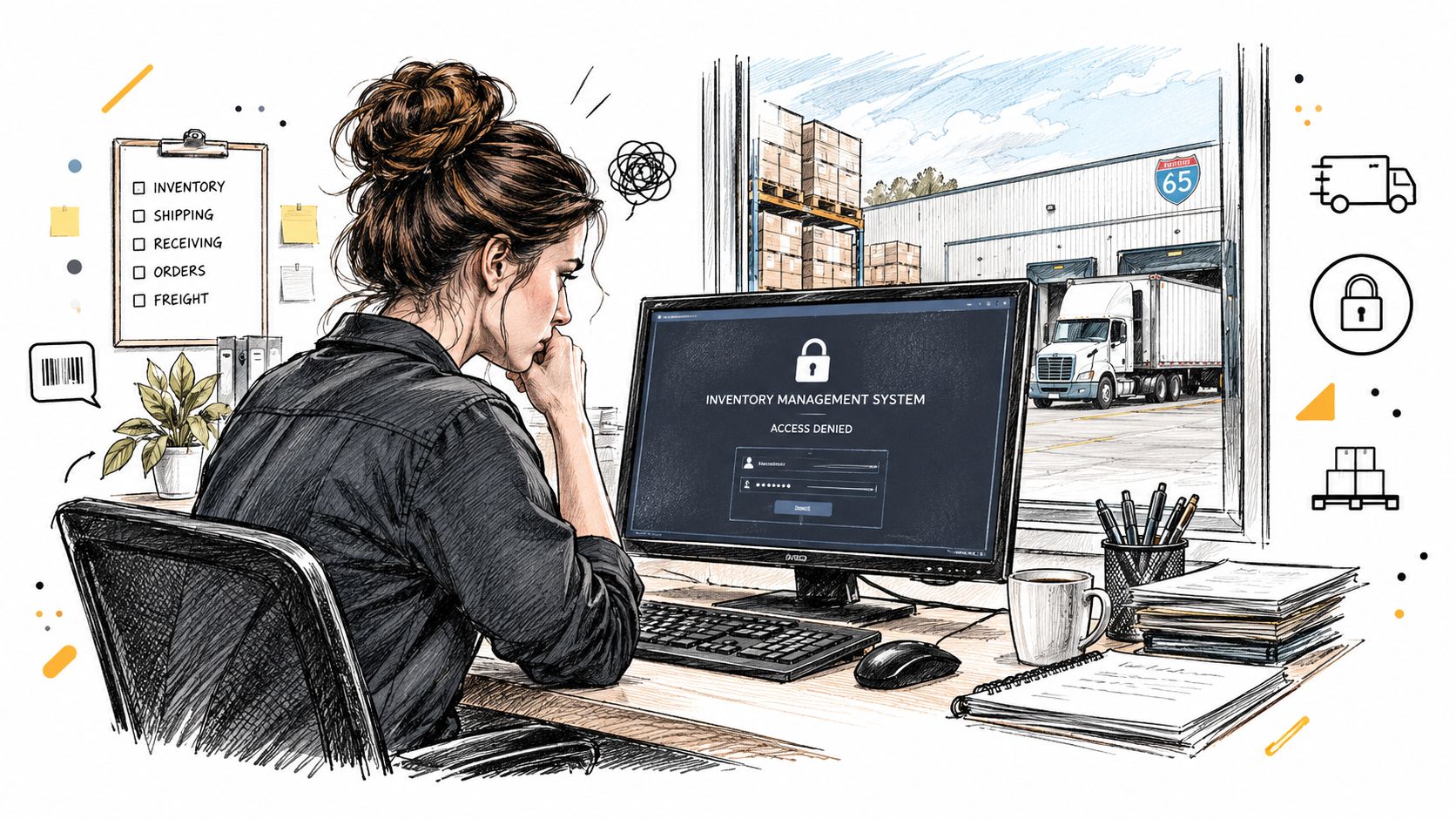 Stressed worker at a computer facing an inventory management system access denied screen in a warehouse office.