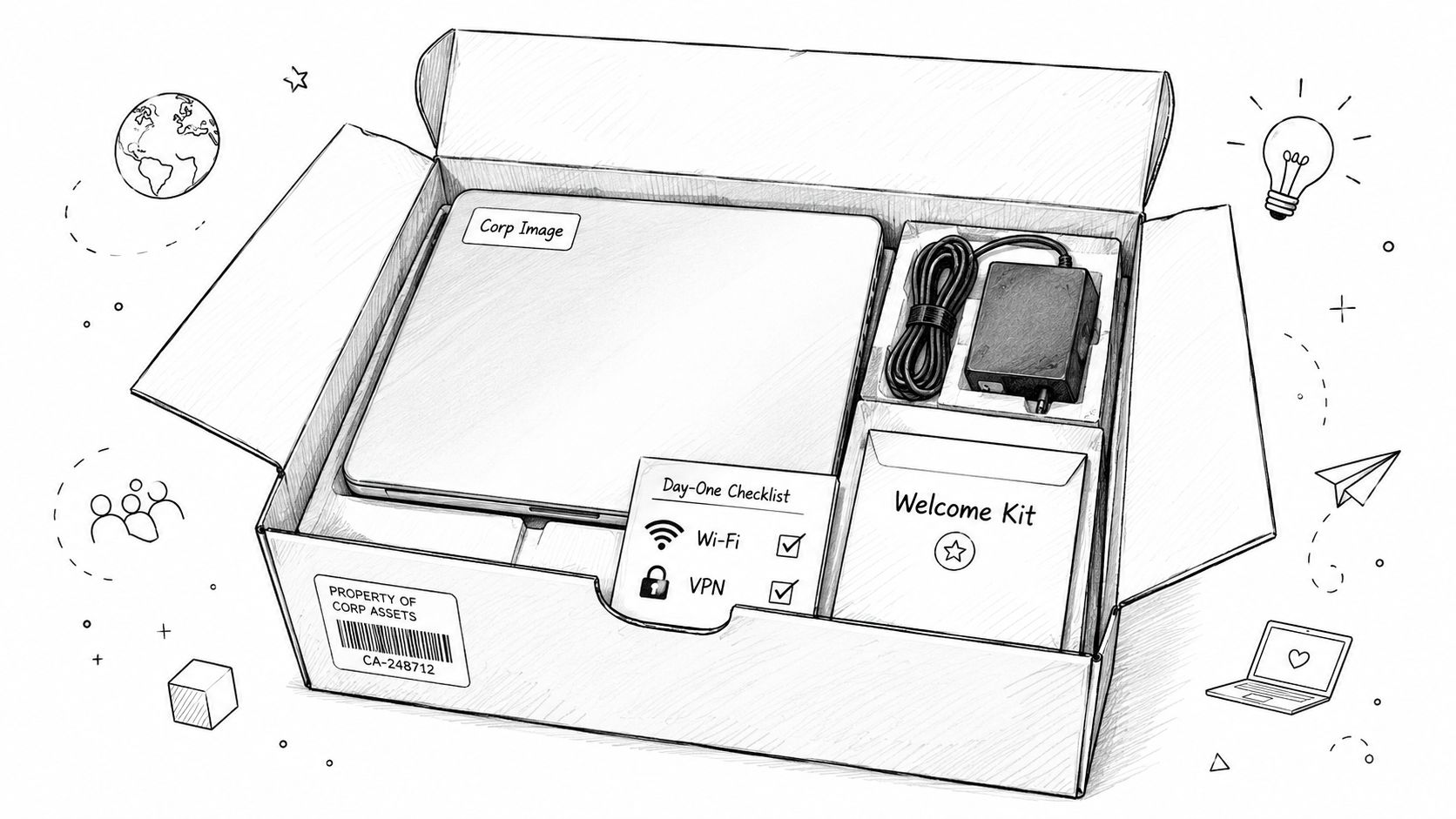 A line-art sketch of an open employee onboarding box containing a laptop, power adapter, and welcome kit.