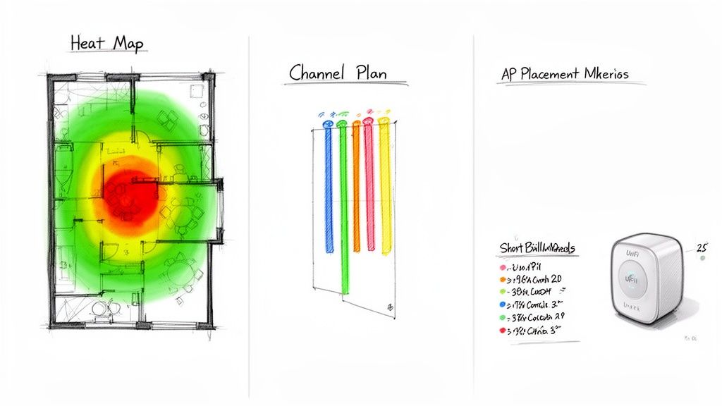 Hand-drawn sketches illustrating a Wi-Fi heat map, channel plan, and Ubiquiti access point placement.