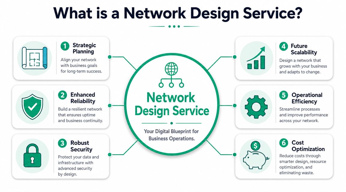 An infographic titled What is a Network Design Service highlighting six key benefits and business advantages.