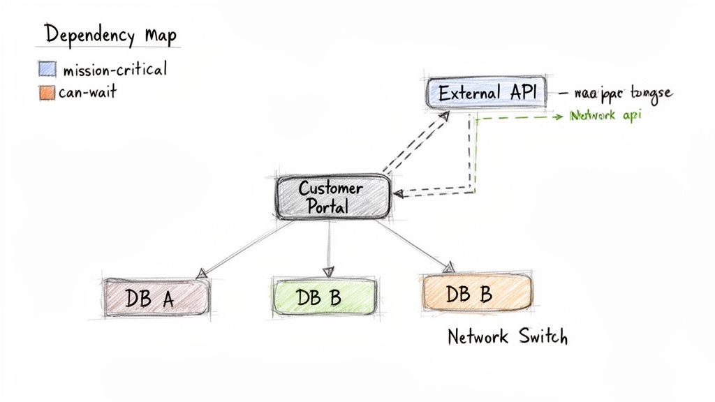 A dependency map diagram showing customer portal interactions with external API and databases, categorized by criticality.