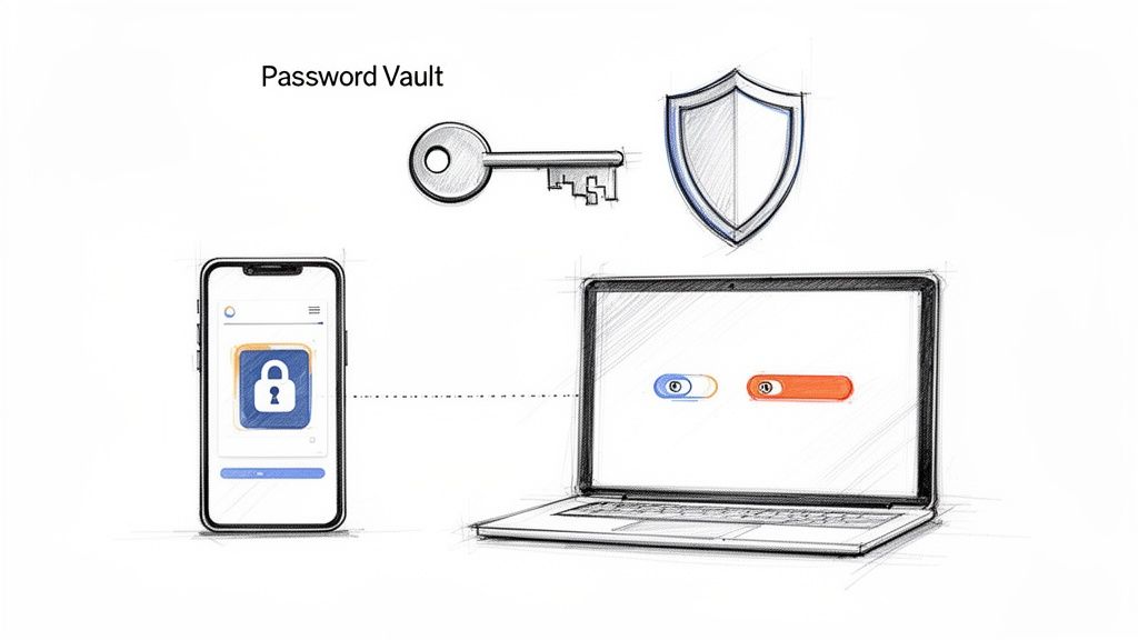 Digital security concept: a secure password vault protected by a key and shield, accessible via smartphone and laptop applications, ensuring robust credential protection.