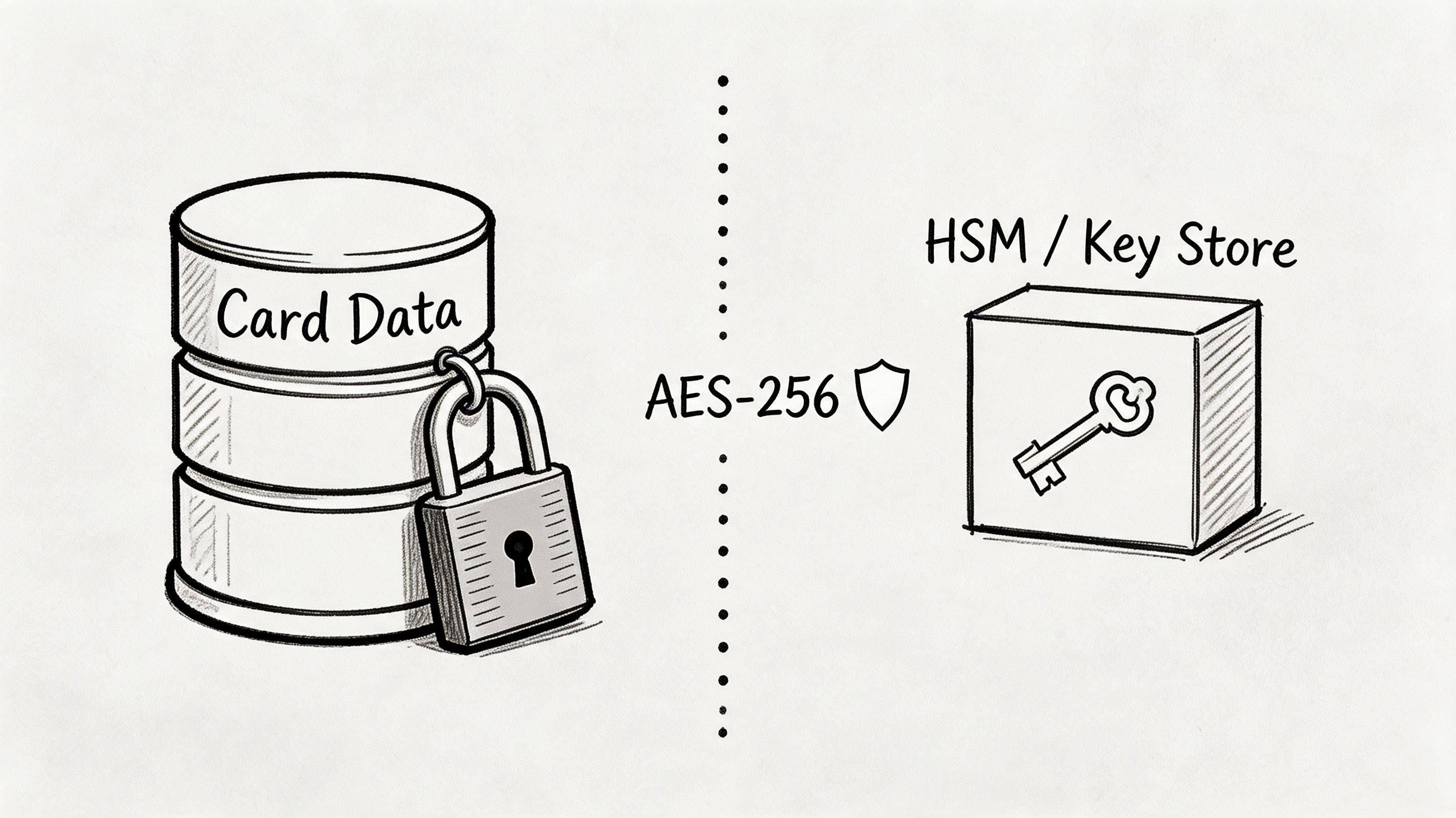 A digital illustration showing a database with card data secured by an AES-256 encryption process via an HSM.