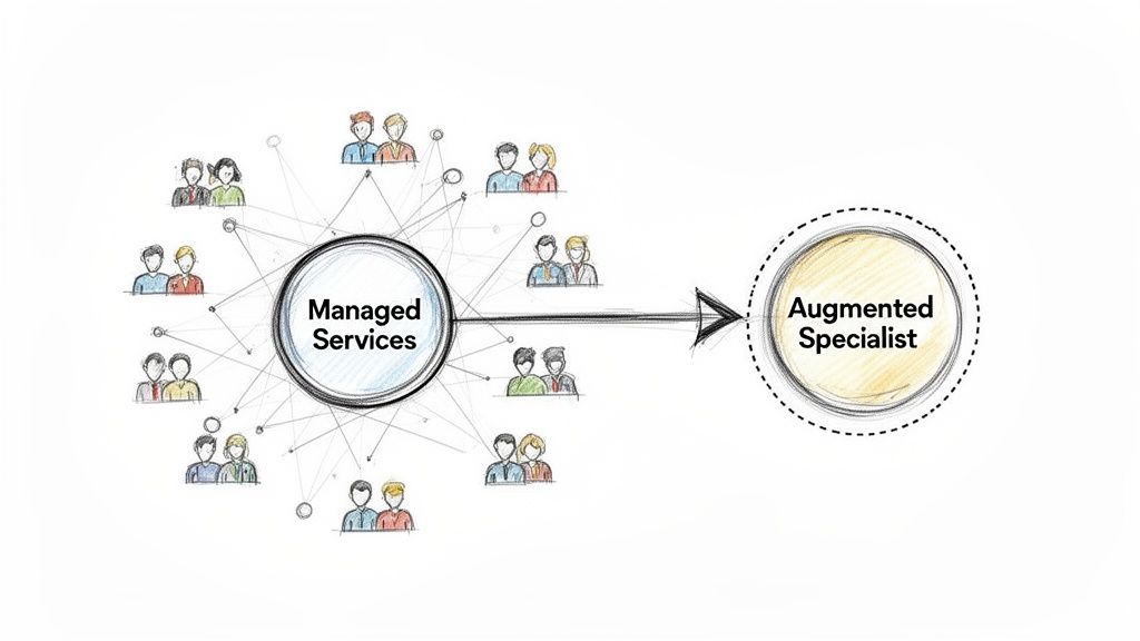 Hand-drawn diagram illustrating a network of people connected to Managed Services, transitioning to an Augmented Specialist.