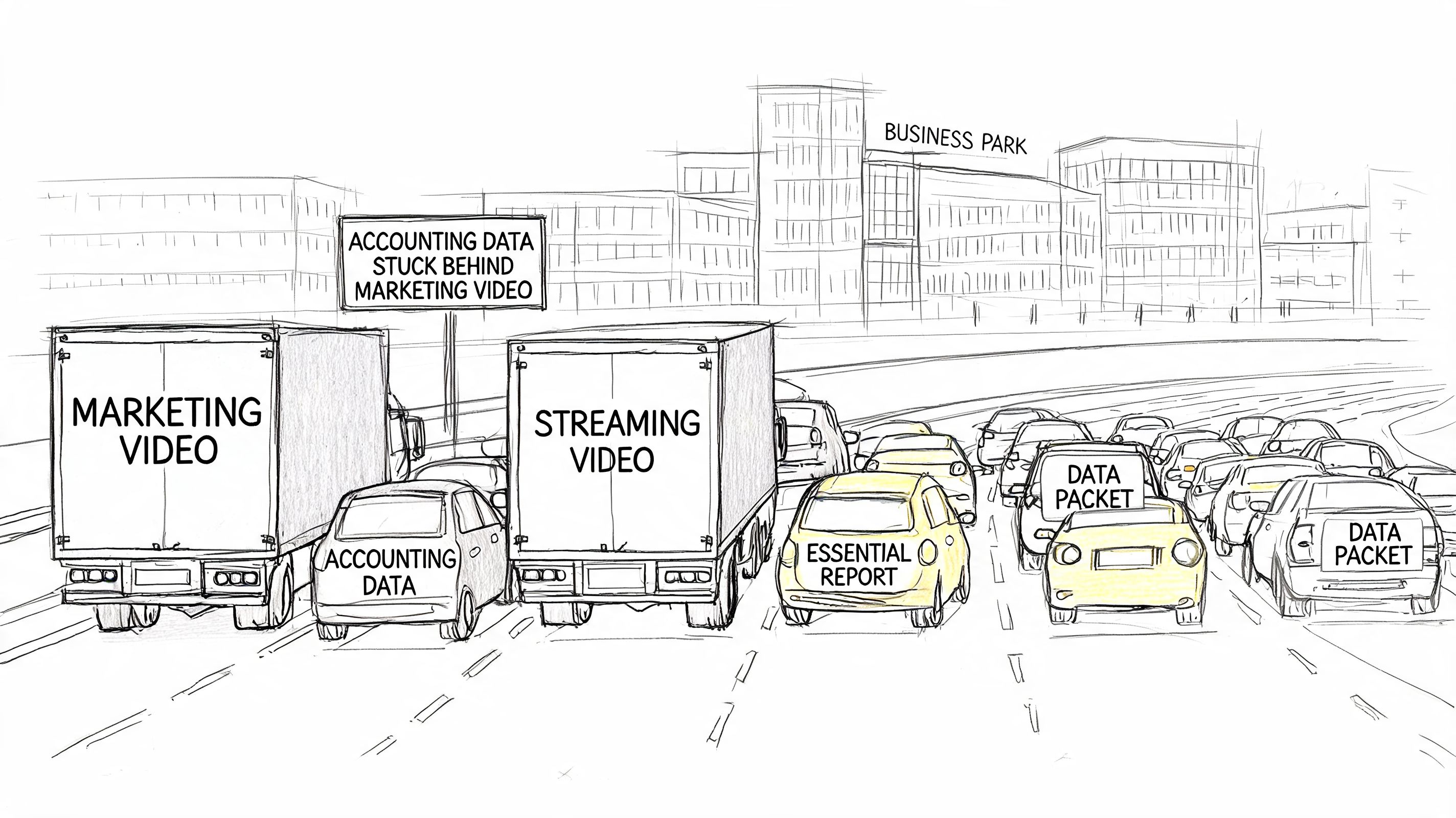 A line drawing illustration showing data packets stuck in traffic behind large video streaming trucks.