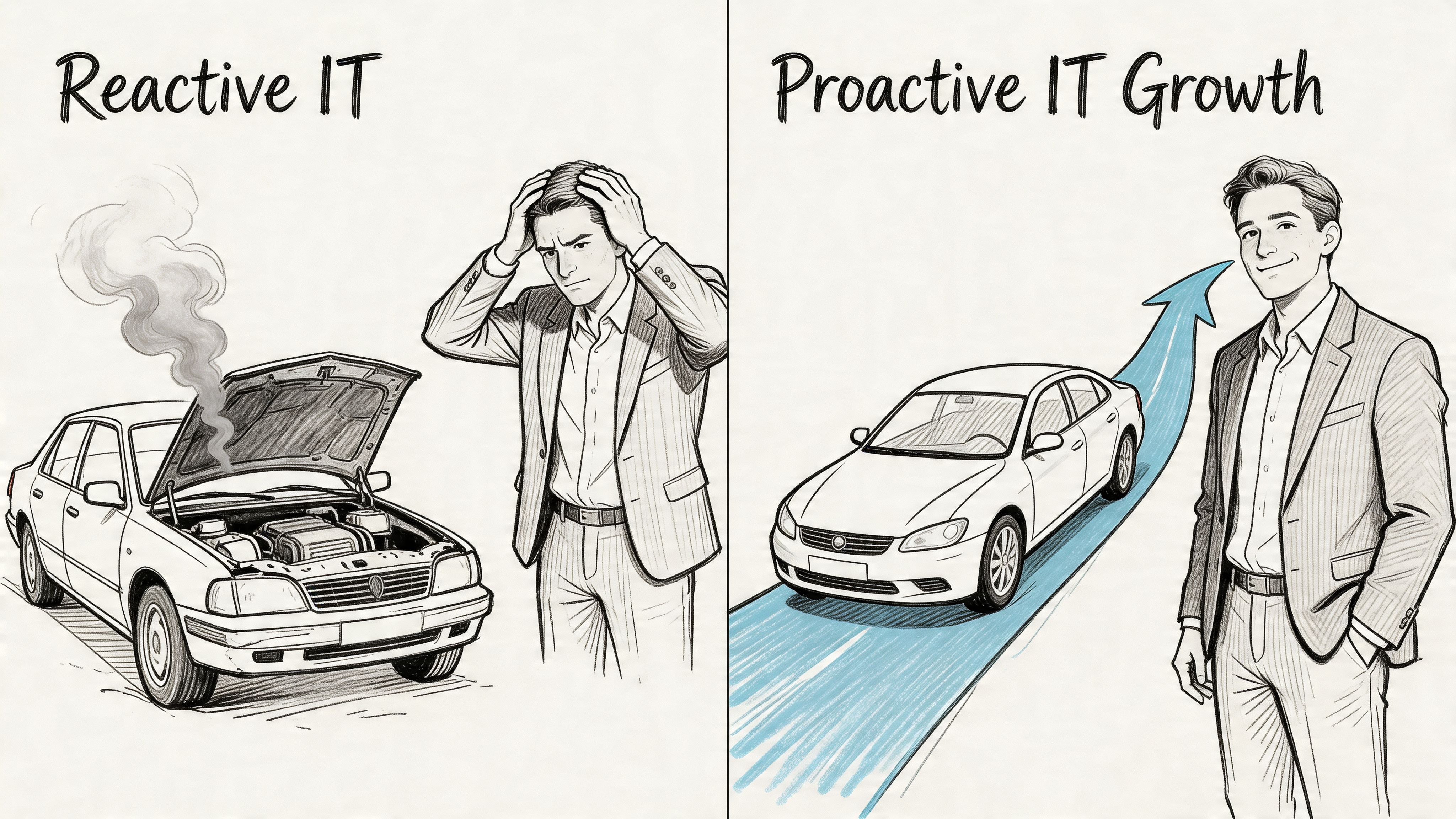 A split image contrasting a man stressed by a broken car versus a man confidently managing proactive growth.