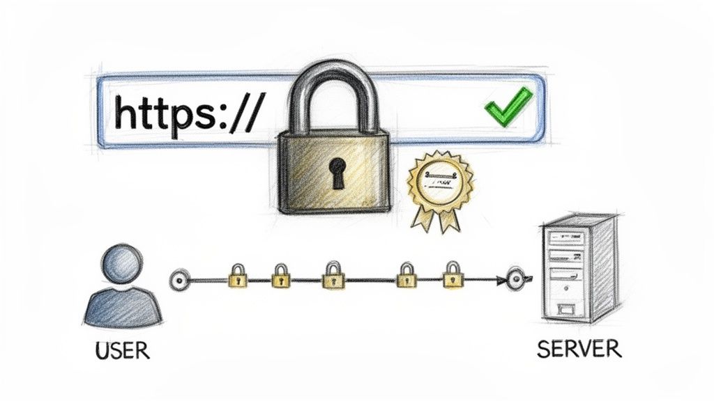Illustration of HTTPS web security, showing a secure browser, padlock, and encrypted connection between user and server.