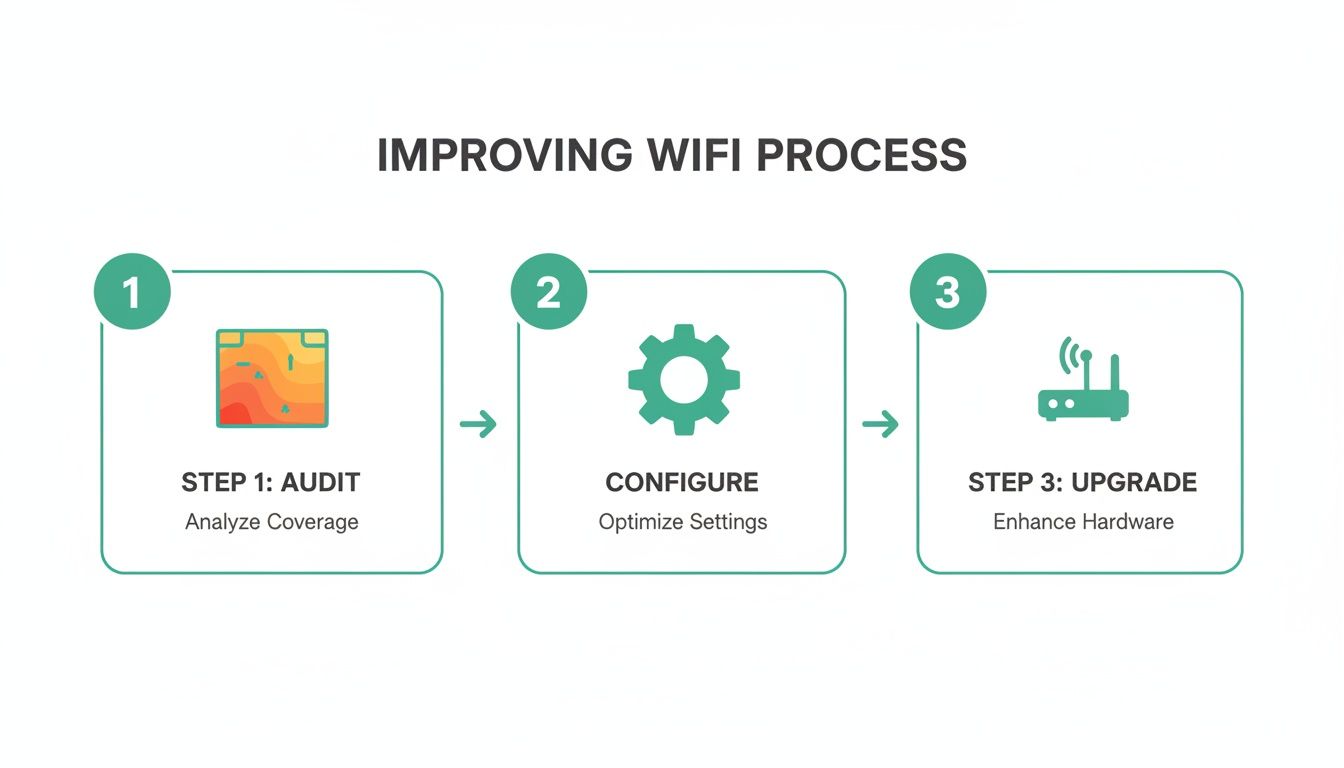 A three-step process for improving Wi-Fi: audit coverage, configure settings, and upgrade hardware.