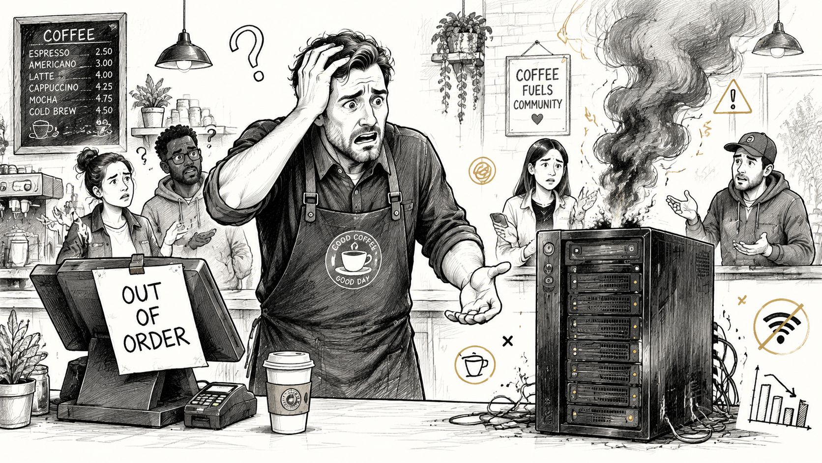 A distressed barista stands in a coffee shop next to a smoking, broken server rack unit.