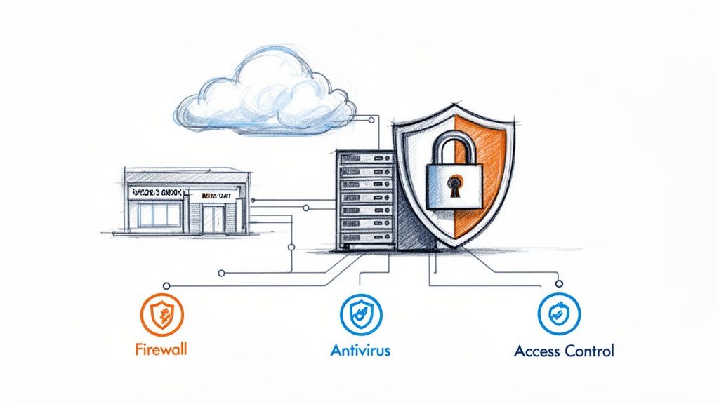 A sketch illustrating network security concepts, connecting a building to cloud servers with firewall, antivirus, and access control protection.