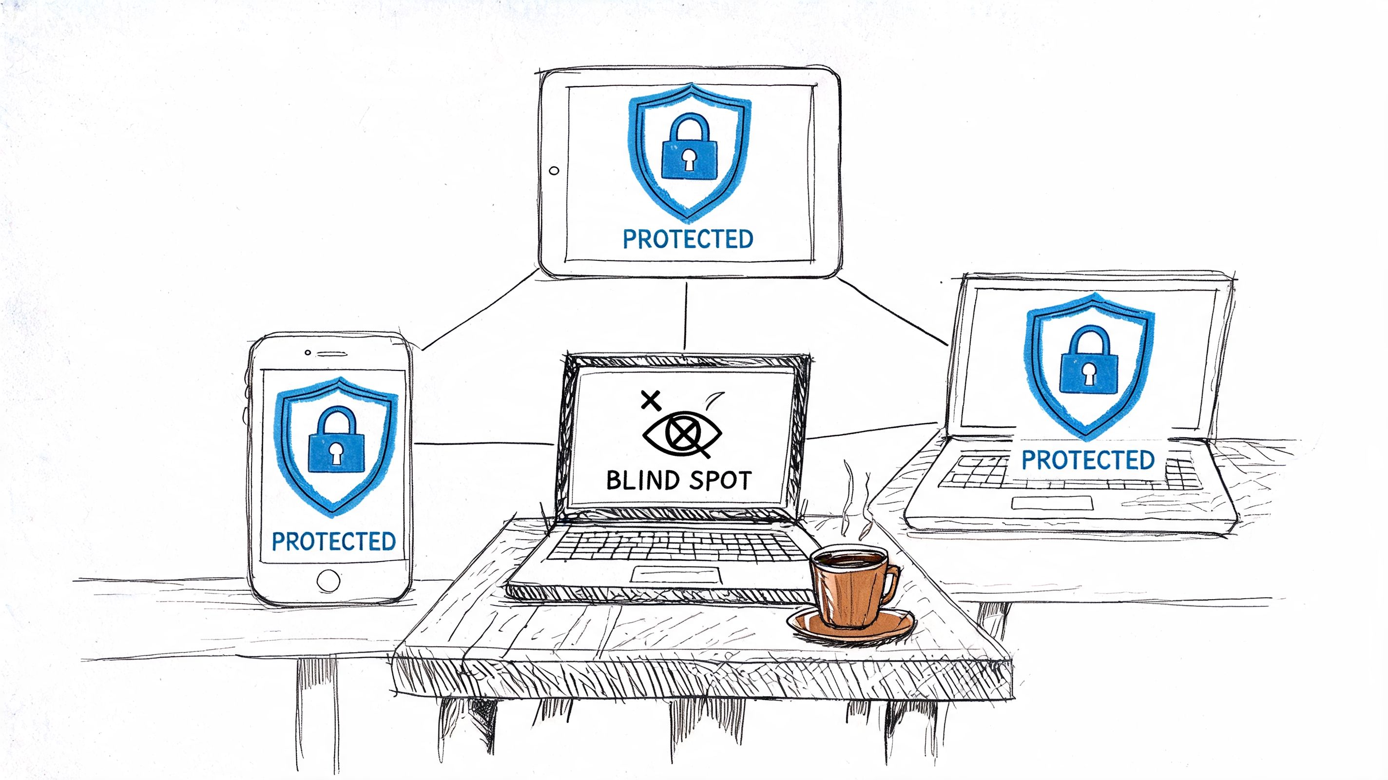 A hand-drawn illustration showing protected electronic devices connected to a laptop with a blind spot label.