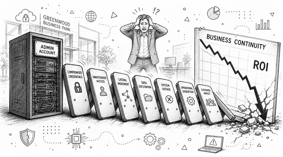 A line of falling dominoes representing a cybersecurity breach starting from compromised admin credentials to business collapse.