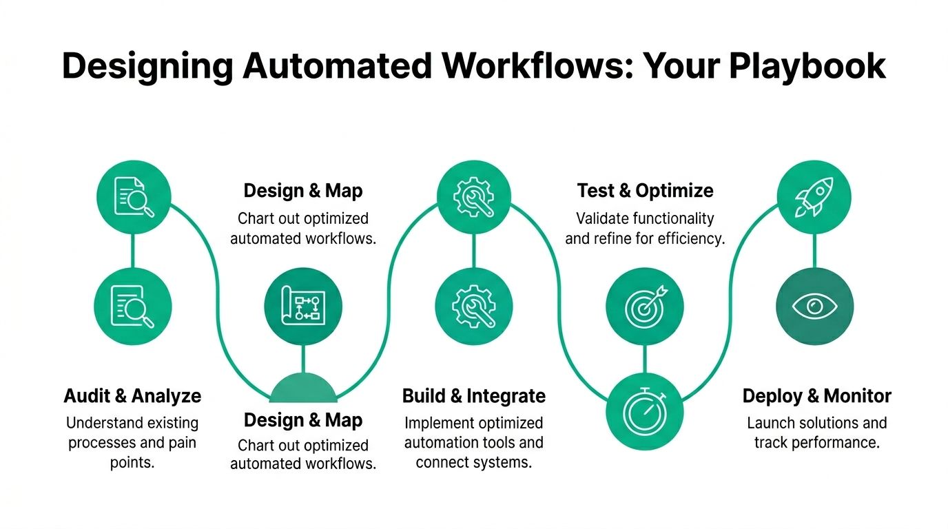 A diagram illustrating a step-by-step playbook for designing and implementing automated business workflows.