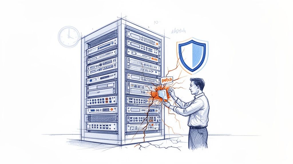 Illustration of a man applying a patch to a cracked server rack, symbolizing system security and timely updates.
