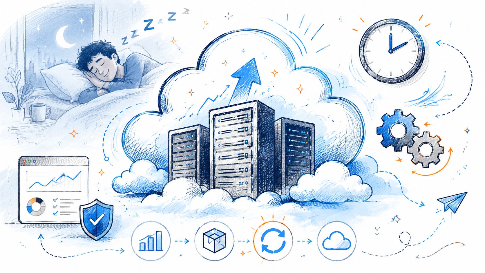 A hand-drawn illustration showing a person sleeping while servers in the cloud optimize data and infrastructure automatically.