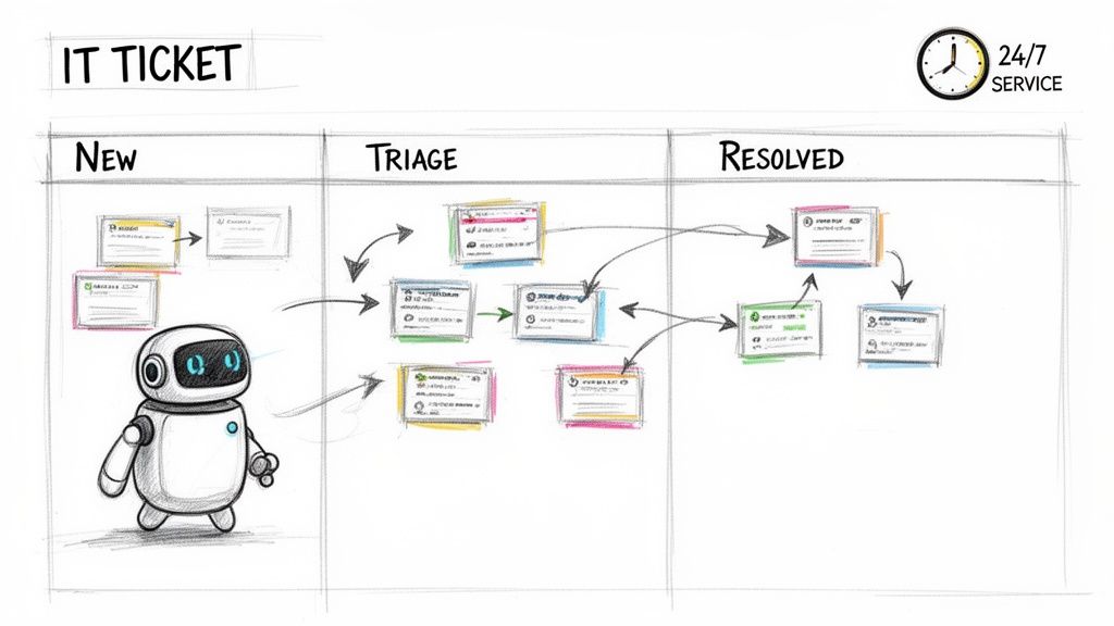 A diagram illustrating an IT ticket workflow on a Kanban board with New, Triage, and Resolved columns, featuring a robot for automation.