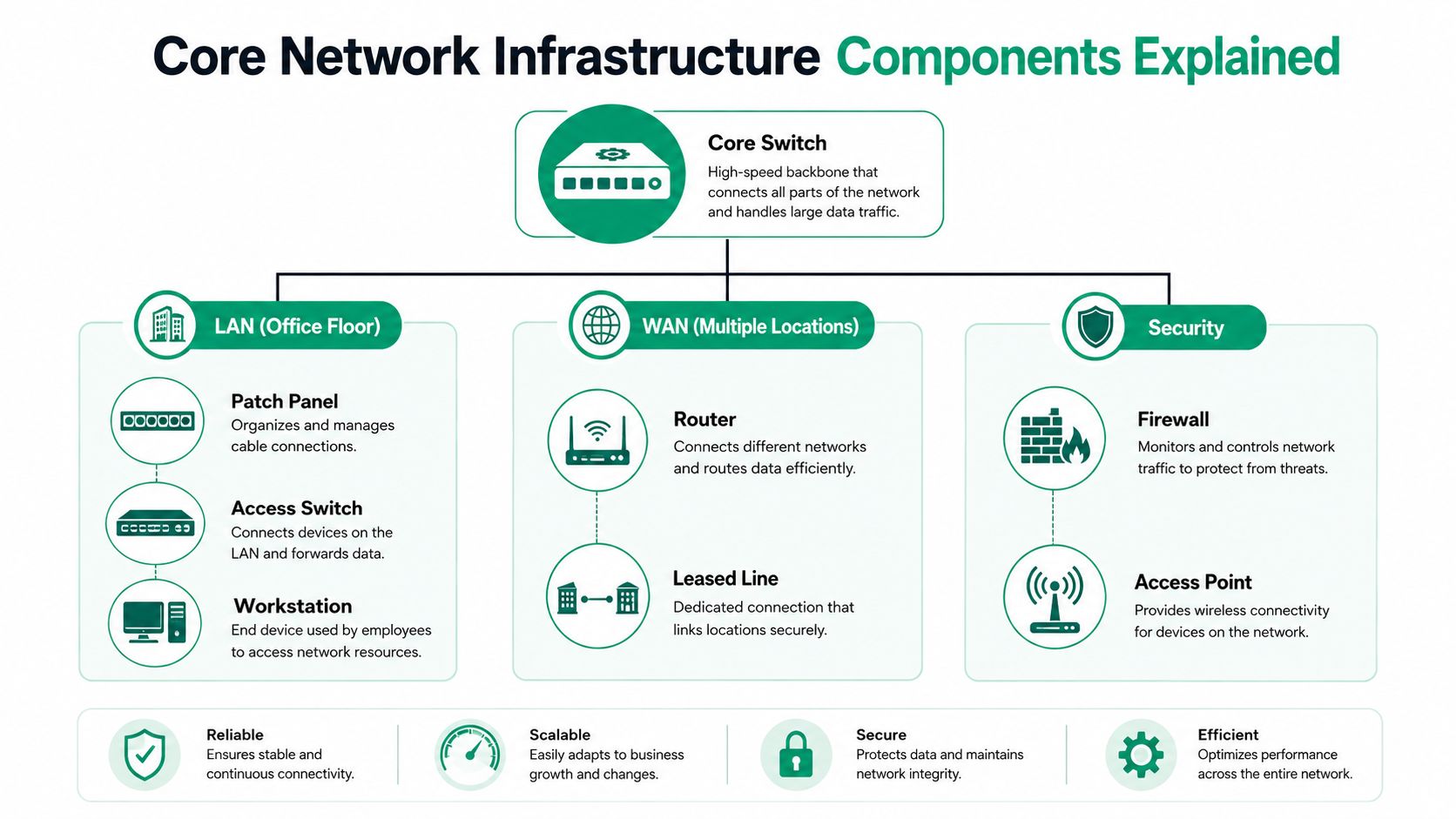 A diagram illustrating core network infrastructure components, including LAN, WAN, and security elements, with their respective functions.