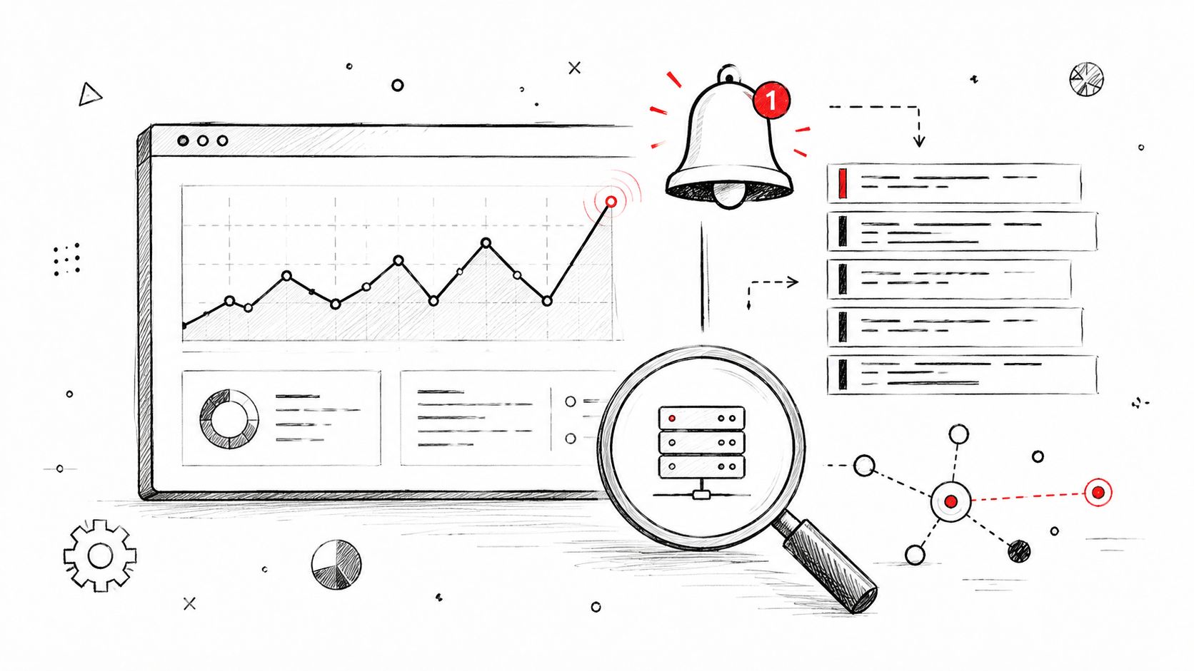 A sketched illustration showing a dashboard with data analytics, server monitoring, and a notification alert system.