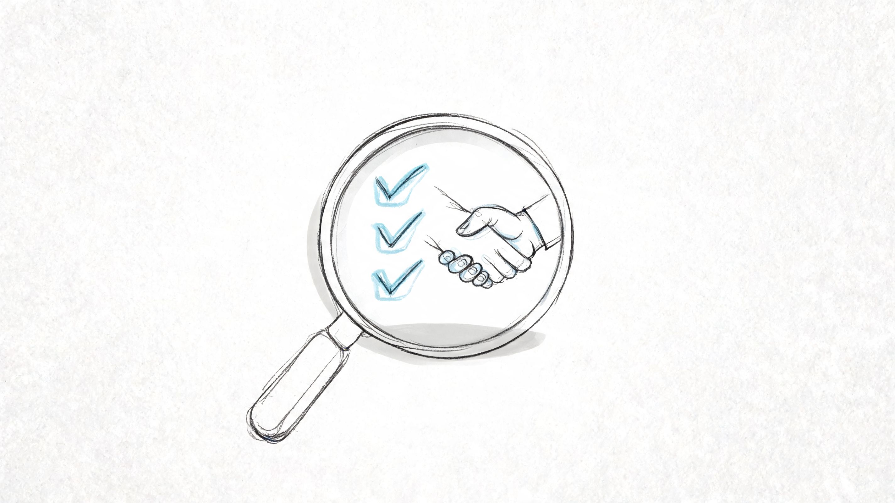 A magnifying glass focusing on a sketch of three checkmarks and a professional handshake in business.