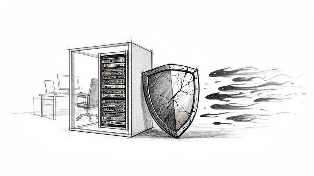 Sketch of a server rack protected by a cracked shield deflecting digital threats, representing cybersecurity.