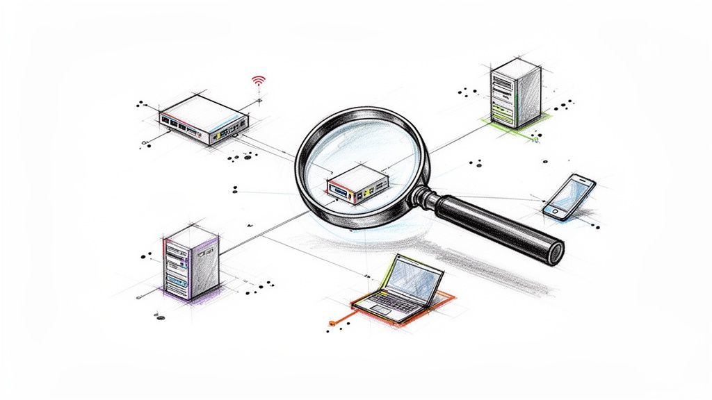 A detailed sketch illustrates IT network assets like servers, routers, laptops, and smartphones under a magnifying glass.
