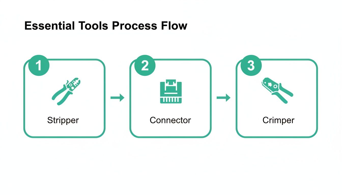 Process flow diagram showing essential tools for network cable: stripper, connector, and crimper.